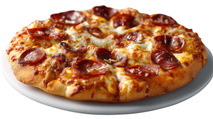 Pepperoni Pizza: A tempting close-up of a freshly baked pepperoni pizza, with golden crust, bubbly cheese, and savory pepperoni slices, offering a delicious and inviting culinary experience.