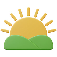 Cartoon sun rising over green hills isolated on a transparent background