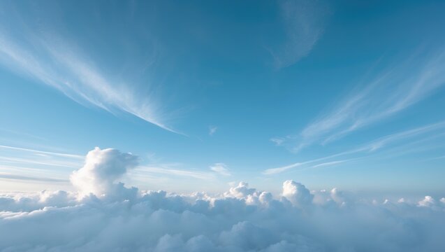 Serene blue sky with delicate white cirrus and stratus clouds during daytime