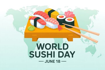 Illustration of sushi on a yellow tray with chopsticks for world sushi day june 18