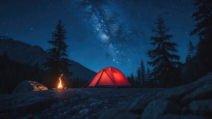 Camping at Night with a Starry Sky Silhouette