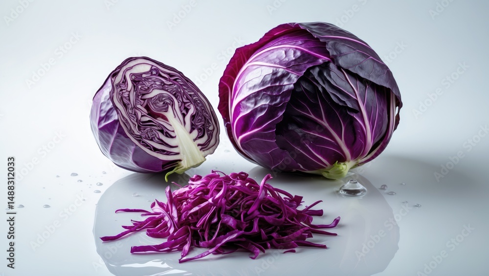 Poster fresh red cabbage top view with water drops, cut and isolated on white background
