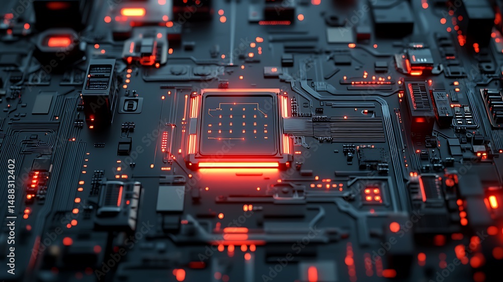 Poster illuminated technology: a visually striking close-up of a circuit board's intricate design