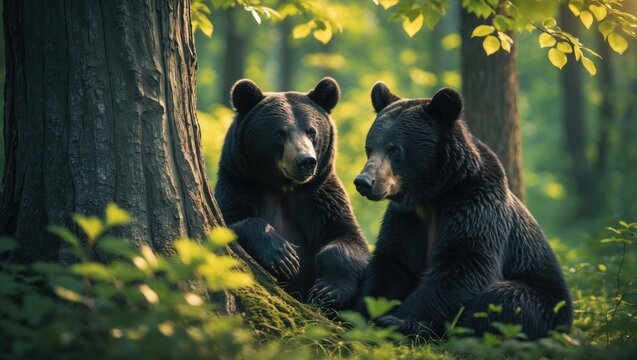 Mother bear caring for her cub while leaning on a tree - Powered by Adobe