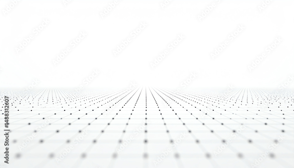 Poster a minimalist perspective view of a grid with black dots, stretching into a bright white background, 