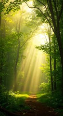 Sunlight Peeking Through Green Trees in Forest Path Scenery