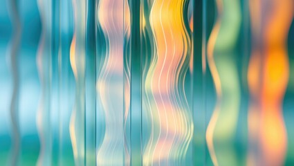 Illuminated wavy glass texture with multi-colored light. Abstract vertical line pattern of wave glass background. Blurry bright backdrop. Soft focus photograph. Light refracting through glass lines.