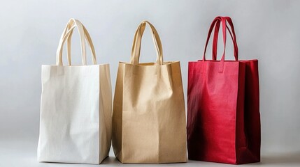 Three colorful shopping bags with handles, one white, one beige, and one red, standing upright against a plain background.