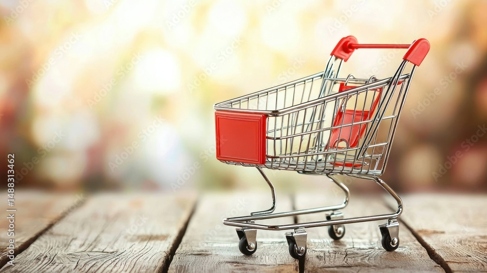 Aufkleber a red and white shopping cart with a red handle on a wooden table with a blurred background.