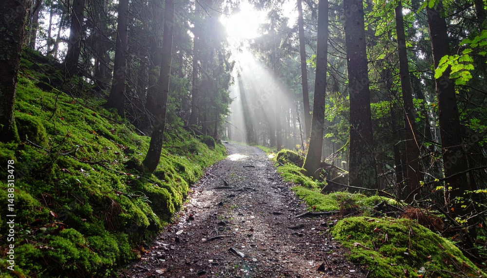 Poster misty forest path where sunlight pierces through trees, creating serene atmosphere and inviting expl