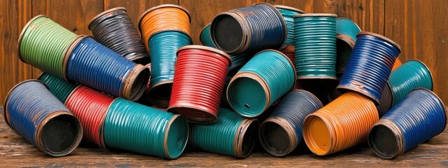 Colorful Textured Ceramic Cups on Rustic Wood