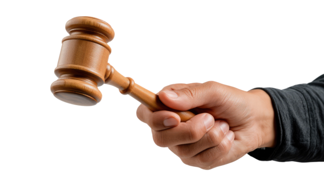 The Gavel of Justice: A strong hand firmly grips the wooden gavel, a symbol of authority and the decision-making process, ready to deliver judgment.