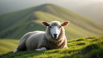 Obraz premium Scottish Blackface sheep reclining on a hilltop