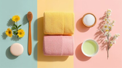Vista superior de toallas, jab&oacute;n, cepillo de dientes, flores y un taz&oacute;n de cer&aacute;mica sobre un fondo de colores pastel.