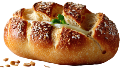 Artisan Bread Bowl Delight: A beautifully crafted artisan bread bowl, a delightful culinary creation. Its golden-brown crust, adorned with sesame seeds, encapsulates a creamy, flavorful filling.