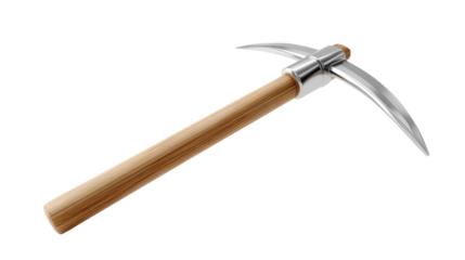 A sturdy pickaxe ready for manual work: The image shows a close-up of a pickaxe, highlighting its design with a wooden handle and sharp metal blades. It's a symbol of hard work and resourcefulness.
