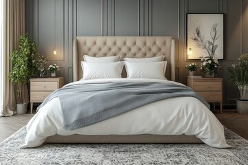 Modern minimalist fabric bed with headboard, white and green linen blanket, nightstands, wall art, and gray patterned carpet in cozy bedroom