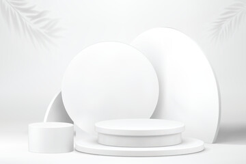 3D white cylindrical podium pedestal background with Clean wall scene. Minimal mockup or abstract product display presentation, Stage showcase. Platforms vector geometric design