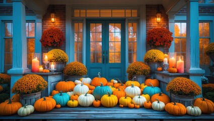 Obraz premium Traditional autumn holiday decorations at the house entrance.