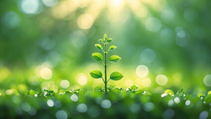Obraz premium New small plant emerging in green blurred nature with bokeh effect under sunlight