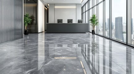 Modern office lobby with polished stone floor