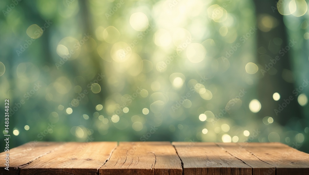 Aufkleber wooden tabletop with a background of blurred fresh green bokeh for showcasing products and nature-in