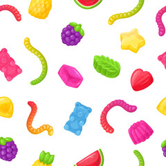 Jelly seamless pattern. Gummy bear and worms marmalade endless design, chewy jelly candies flat vector background illustration. Cartoon jelly sweets endless backdrop