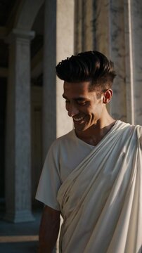 Homme souriant en toge blanche debout devant des colonnes antiques


