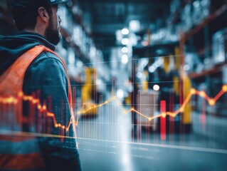 Man in safety vest stands in warehouse with blurred forklift and data overlay.
