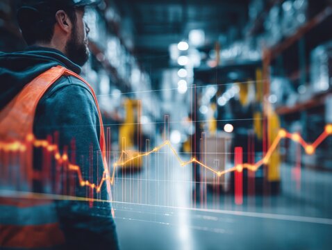 Man in safety vest stands in warehouse with blurred forklift and data overlay.