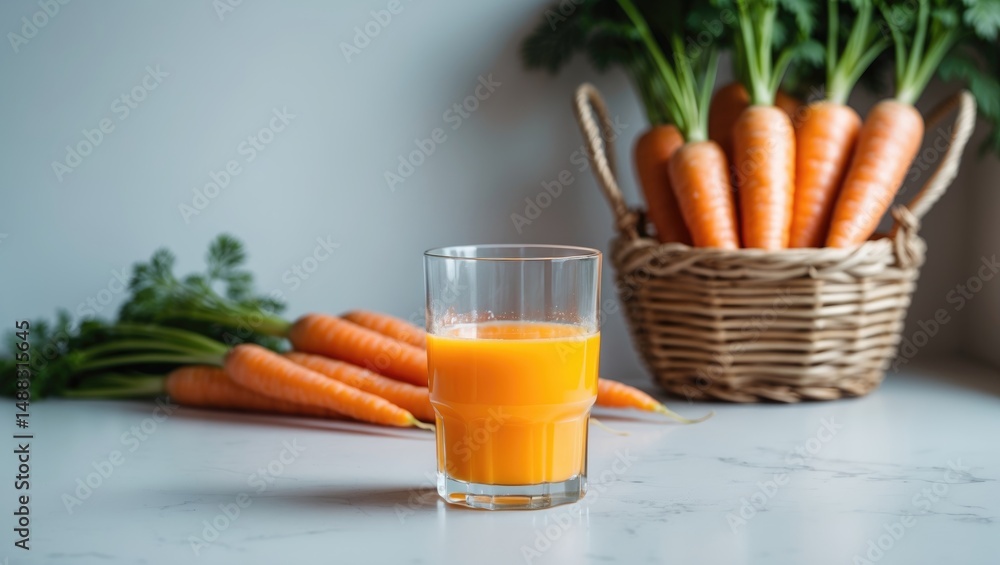 Poster fresh carrot juice served in a glass with vegetables on a white table, background with space for tex