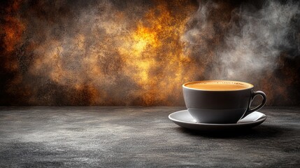 Steaming cup of hot beverage on dark surface