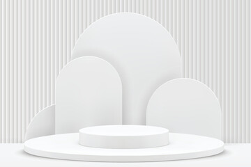3D white cylindrical podium pedestal background with Clean wall scene. Minimal mockup or abstract product display presentation, Stage showcase. Platforms vector geometric design
