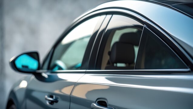 Side perspective of automotive window tint, ceramic film offers heat resistance and UV shielding with consistent color, vehicle film applied to the glass surface, focused on car tinting service.