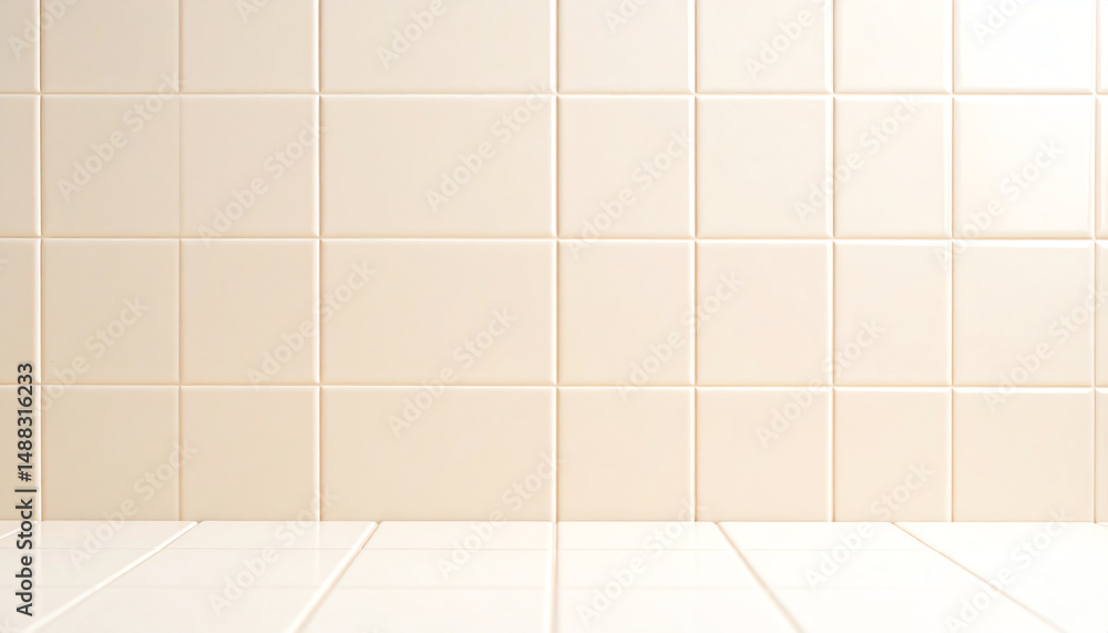 Poster a clean, light-colored tiled wall with a smooth surface, creating a minimalist aesthetic suitable fo
