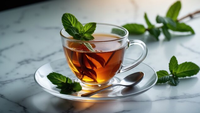 Transparent mug of black tea with mint leaves. Calming beverage.