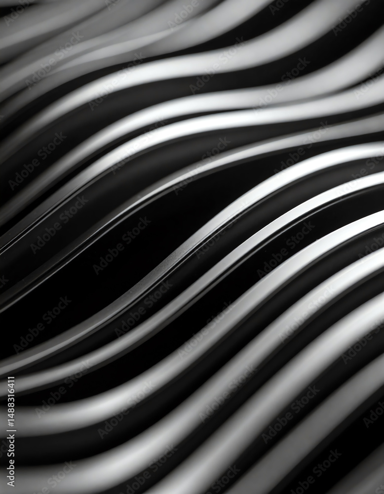 Poster abstract close-up of smooth, wavy metallic lines creating a striking visual contrast against a dark 