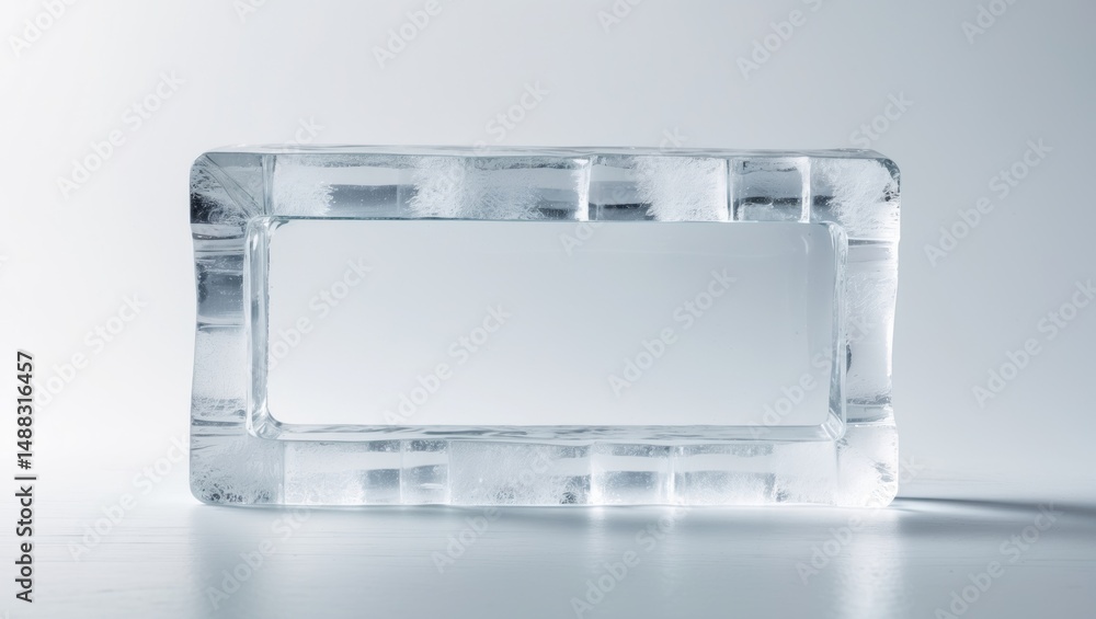 Poster an ice rectangle that is completely transparent, placed against a white backdrop. symbolizing purity