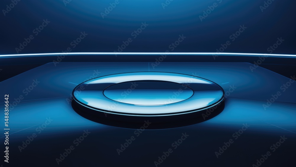 Poster front perspective of a glass platform featuring a central circle against a blue backdrop.