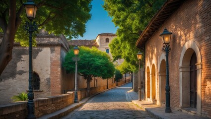 Fototapeta premium Snapshot of a street in an ancient city, showcasing trees and lighting.