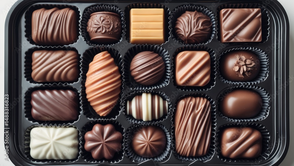 Poster selection of sweet chocolate pralines packaged and isolated on a background
