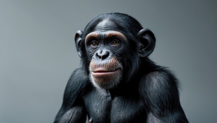 Naklejka premium Portrait of a cheerful chimpanzee with solid background focusing on biodiversity, animal welfare, and conservation themes.