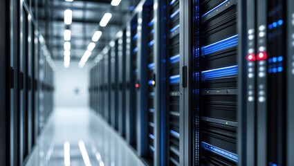 Server room featuring blue and black racks with climate control