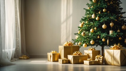Obraz premium Chic Scandinavian minimalistic Christmas interior featuring a lit Christmas tree with baubles in a bright living room