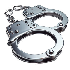 Metal handcuffs and key, symbols of law and arrest, are isolated on a white background
