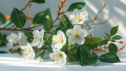 Obraz premium Orange tree branches adorned with flowers, buds, and leaves isolated on a white surface.