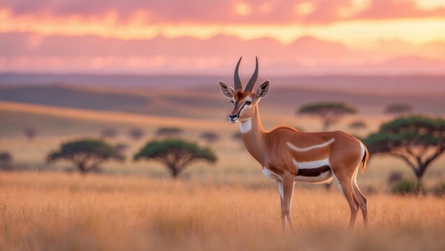 Sunset over the savannah landscape featuring a female Grant's gazelle.