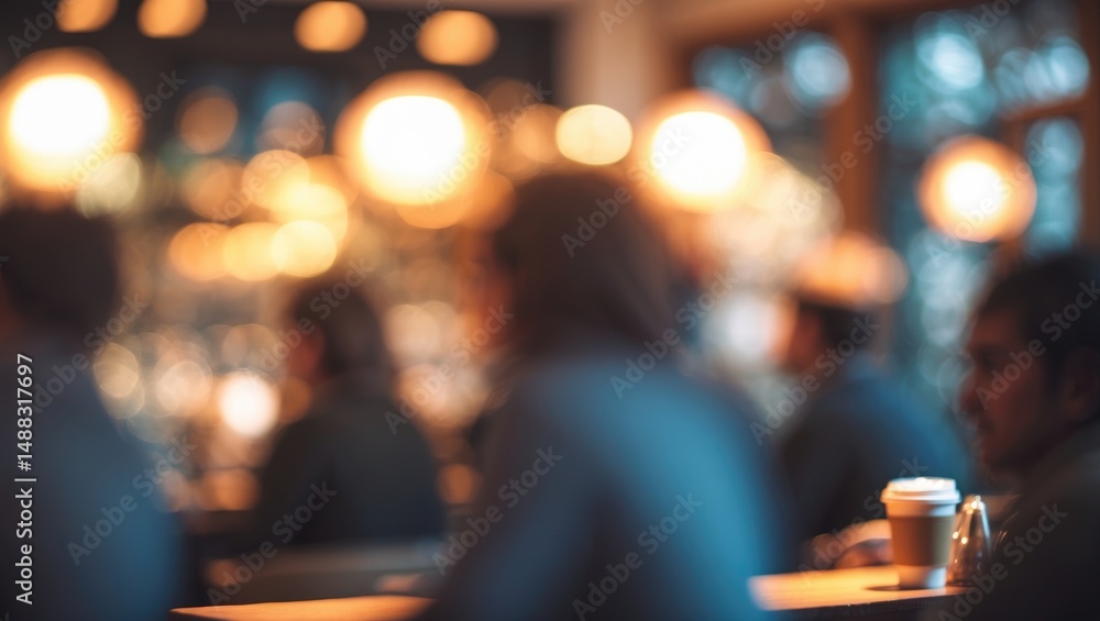 Poster bokeh effect with blurred background featuring people in a coffee shop.