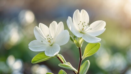 Obraz premium Macro shot of white spring flowers blooming in the yard, featuring two delicate petals and green leaves, floral photography