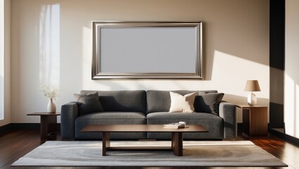 Interior decor of a stylish living room with a sofa, wooden coffee table, decorative elements, and a mockup of an empty picture frame against a white wall.